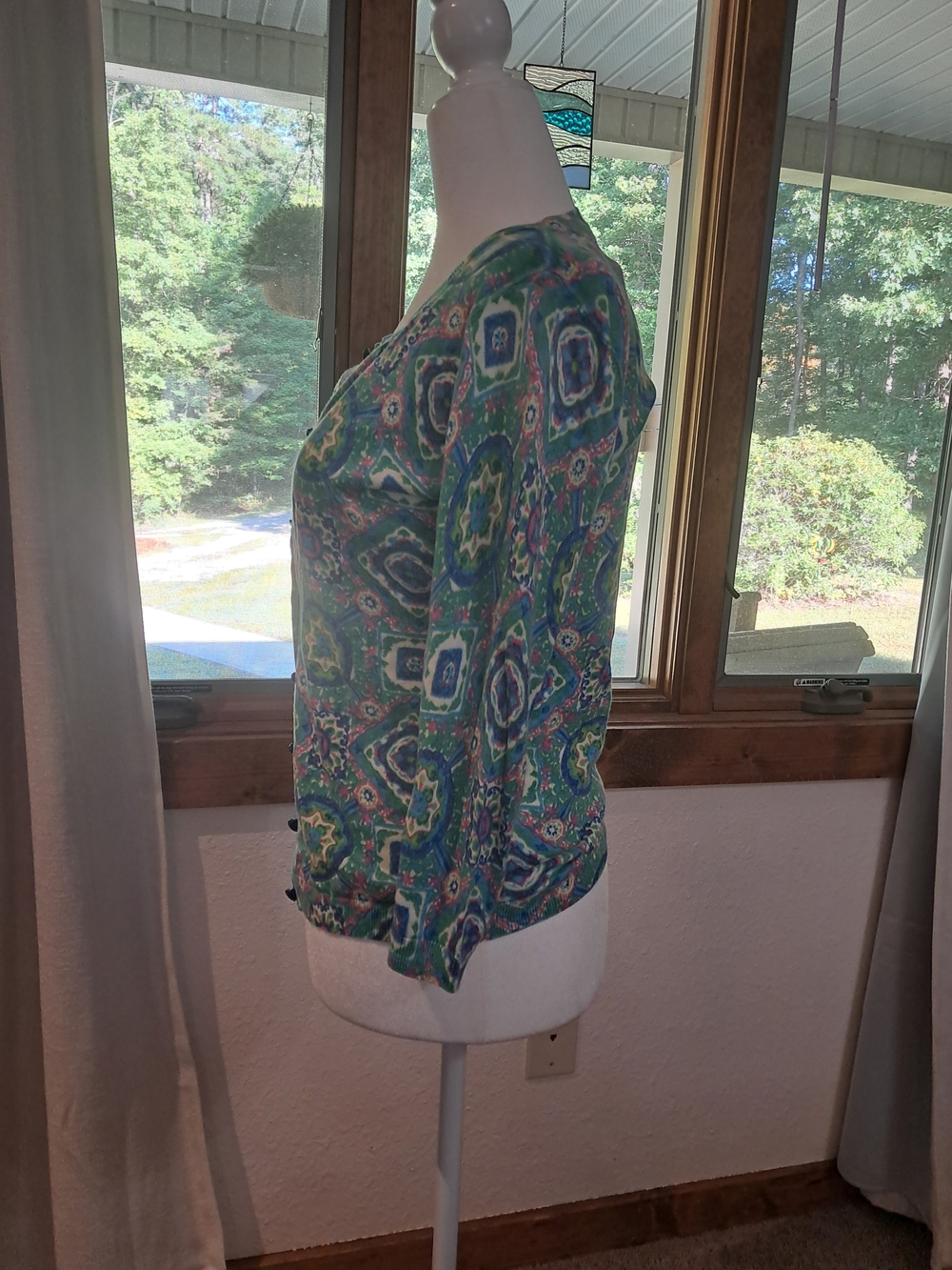 Talbots Green Multi-Pattern 3/4-Sleeve Cardigan In Size P - Picture 2 of 11